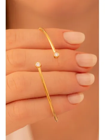 Kadın Gümüş Bileklik - Kadın Kelepçe - El Yapımı Altın Kaplama Çift Zirkon Taşlı Zarif İnce Kadın Bileklik