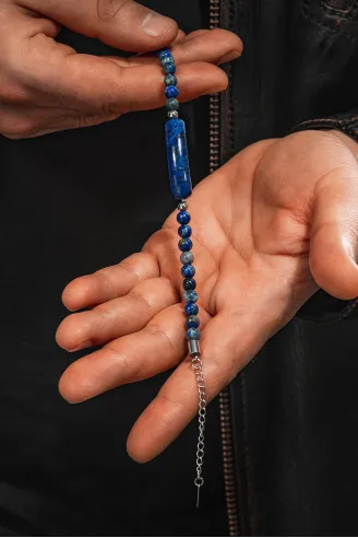 Erkek Kadın Doğal Taş Bileklik - Lapis Doğal taş Çelik Halat Ve Çelik Klipsli Bileklik