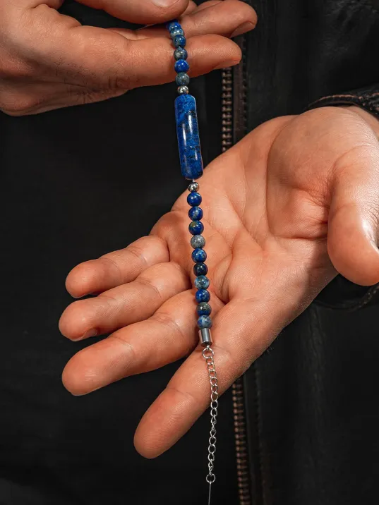 Erkek Kadın Doğal Taş Bileklik - Lapis Doğal taş Çelik Halat Ve Çelik Klipsli Bileklik