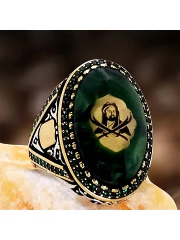 Hz. Ali ve Zülfikar Motifli Sıkma Kehribarlı Gümüş Erkek Yüzük