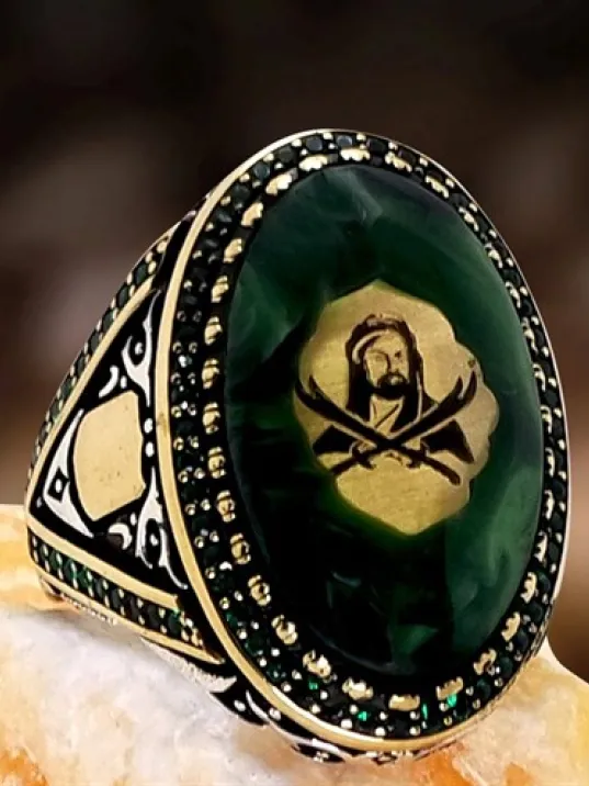 Hz. Ali ve Zülfikar Motifli Sıkma Kehribarlı Gümüş Erkek Yüzük