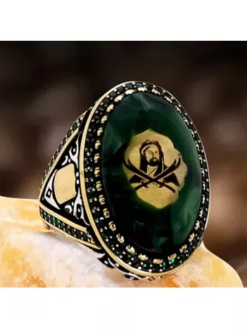 Hz. Ali ve Zülfikar Motifli Sıkma Kehribarlı Gümüş Erkek Yüzük