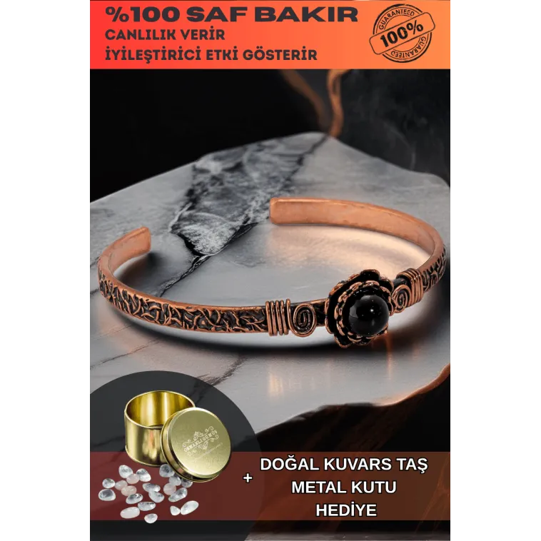 Kadın Bakır Bileklik - Oniks Taşlı Yuvarlak Ağaç Kabuğu Model İnce Metal Kutu Kuvars Taşlı Bilezik
