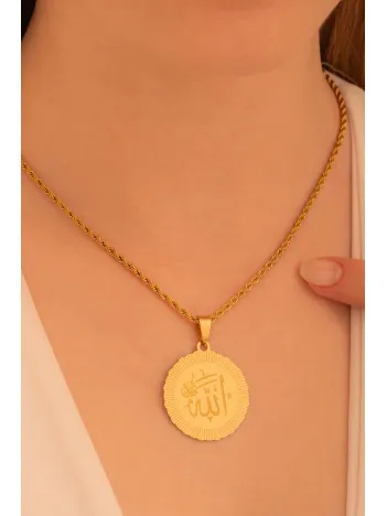 Kadın Çelik Kolye -Altın Kaplama Allah Yazılı Yuvarlak Model Çelik Kolye