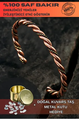 Saf Bakır Bileklik Burgulu Model Metal Kutu Kuvars Taş, Kadın Erkek Kelepçe