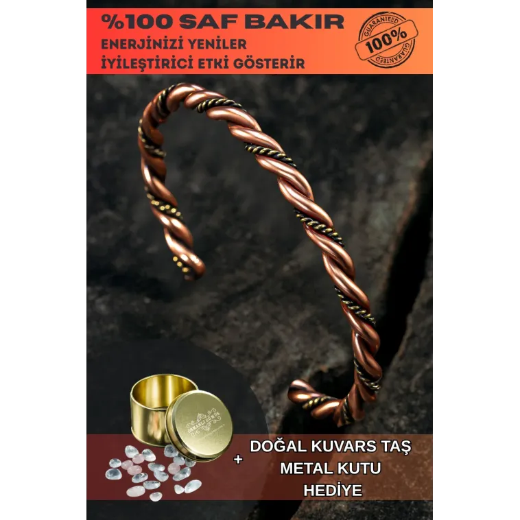 Saf Bakır Bileklik Burgulu Model Metal Kutu Kuvars Taş, Kadın Erkek Kelepçe