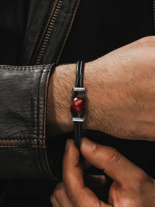 Erkek Çelik Bileklik - Orjinal Kırmızı Akik Deri Çelik Erkek Bileklik