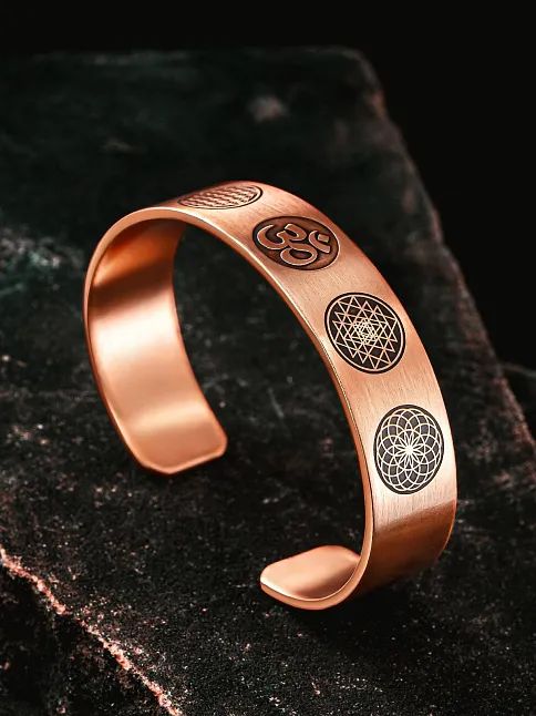 Erkek Bakır Bileklik - Yaşam Çiçeği - Lotus - Sri Yantra - Om Sembolü - Erkek Bakır Kelepçe Bileklik