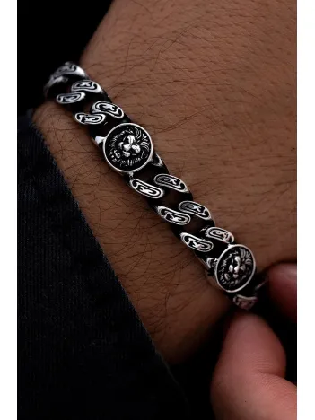 Erkek Gümüş Bileklik - Aslan Motifli Oksitli Gurmet Zinciri Gümüş Bileklik