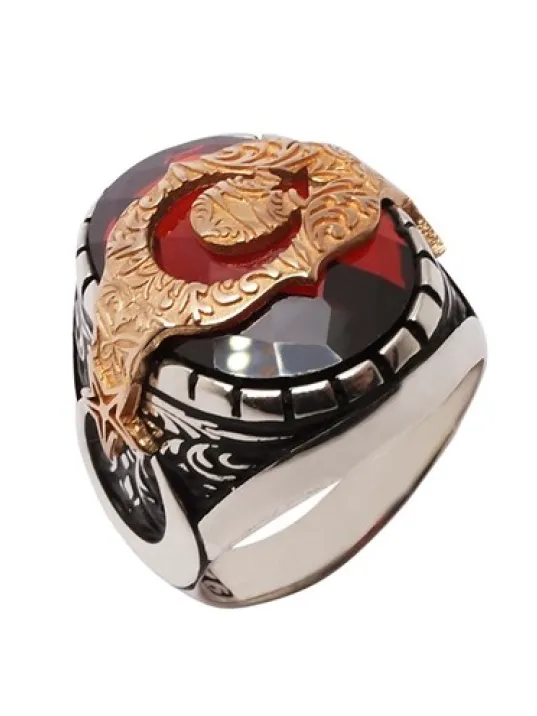 Altın Yaldızlı Ay Yıldız Gümüş Erkek Yüzük