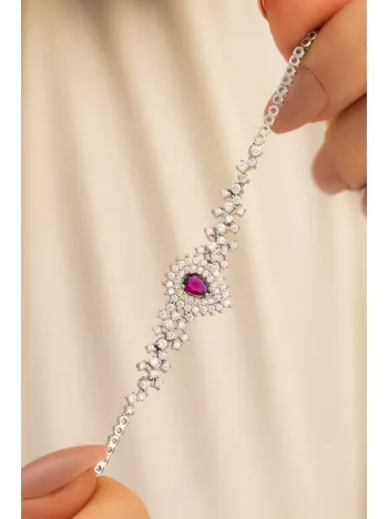 Kadın Gümüş Bileklik - 925 Ayar Gümüş Yakut Ve Zirkon Taşlı Çise Model Kadın Bileklik