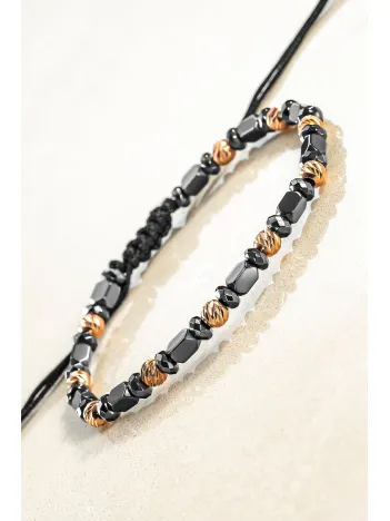 Kadın Erkek Gümüş Bileklik - Hematit Taşlı Gümüş Detaylı İnce Kibar Erkek Kadın Bileklik