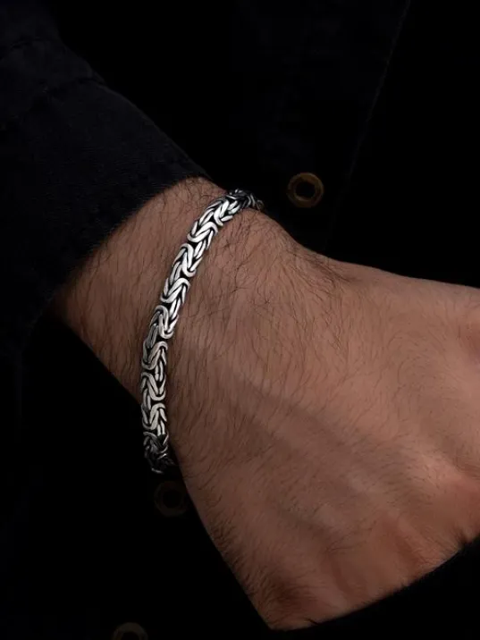 Erkek Gümüş Bileklik - 5.2mm Yassı Ezme Kral Model 925 Ayar Gümüş Erkek Bileklik