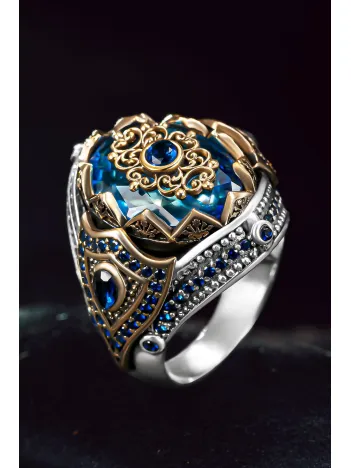 Erkek Gümüş Yüzük - Faset Kesim Aqua Mavi Zirkon Taşlı Mikro Taş İşlemeli Erkek Yüzük