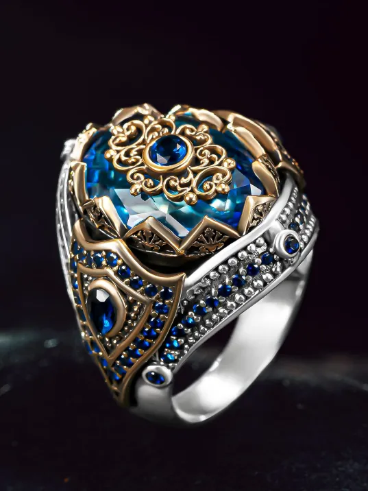 Erkek Gümüş Yüzük - Faset Kesim Aqua Mavi Zirkon Taşlı Mikro Taş İşlemeli Erkek Yüzük