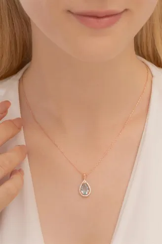 Damla Model Turkuaz Zirkon Taşlı Bayan 925 Ayar Gümüş Kolye GKLDMLAZRCN-ALT