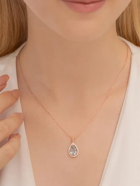 Damla Model Turkuaz Zirkon Taşlı Bayan 925 Ayar Gümüş Kolye GKLDMLAZRCN-ALT