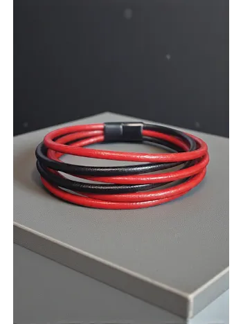 Erkek Deri Bileklik - Altı Sıra Kırmızı Siyah Deri Erkek Bileklik