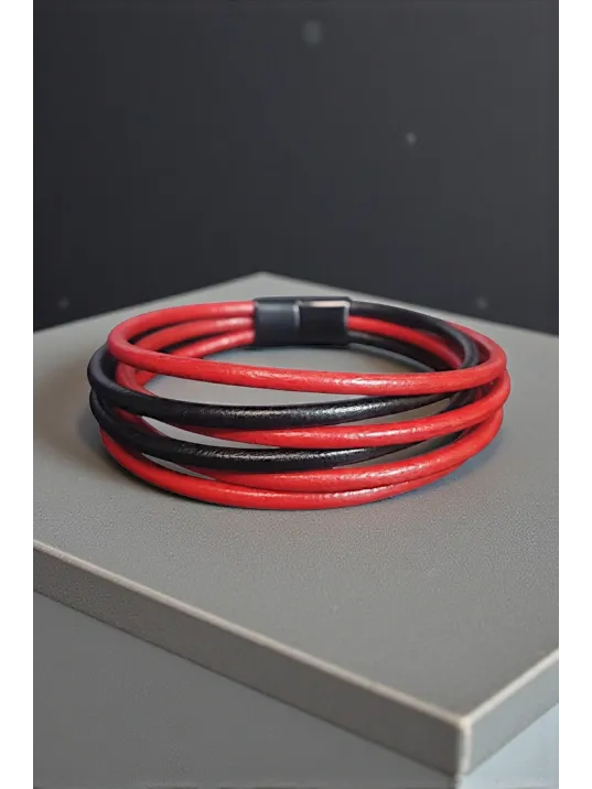 Erkek Deri Bileklik - Altı Sıra Kırmızı Siyah Deri Erkek Bileklik Erkek Deri Bileklik - Altı Sıra Kırmızı Siyah Deri Erkek Bileklik