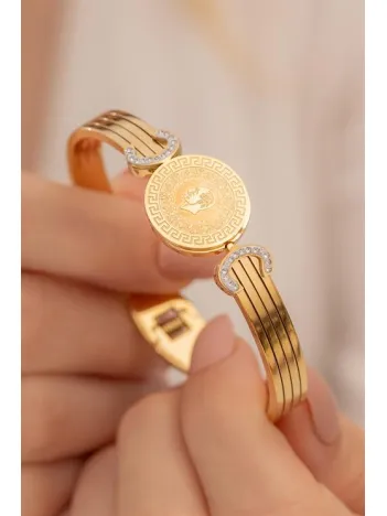 Kadın Bileklik-22 Ayar Gerçek Altın Kaplama(kararmaz) Çelik Kadın Kelepçe-Çeyrekli Altın Kaplama Çelik