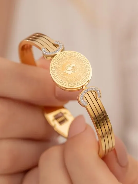 Kadın Bileklik-22 Ayar Gerçek Altın Kaplama(kararmaz) Çelik Kadın Kelepçe-Çeyrekli Altın Kaplama Çelik