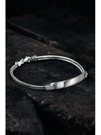 Erkek Gümüş Bileklik - İsim Yazılan Yassı Tilki Kuyruğu Zincir Erkek Bileklik