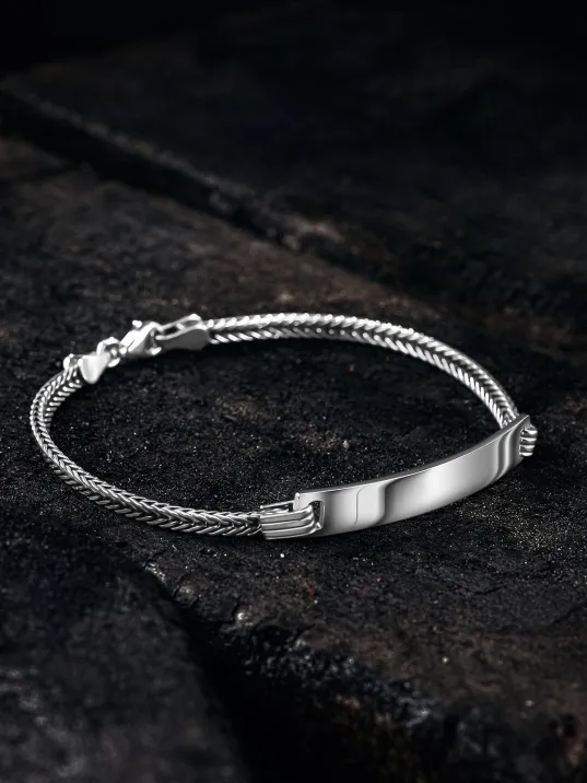 Erkek Gümüş Bileklik - İsim Yazılan Yassı Tilki Kuyruğu Zincir Erkek Bileklik