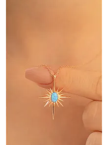 Kadın Gümüş Kolye - Rose Altın Kaplama Renk Mavi Opal Taşlı Kutup Yıldızı Gümüş Kolye