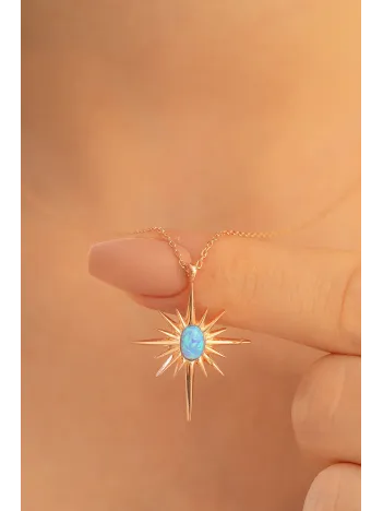 Kadın Gümüş Kolye - Rose Altın Kaplama Renk Mavi Opal Taşlı Kutup Yıldızı Gümüş Kolye