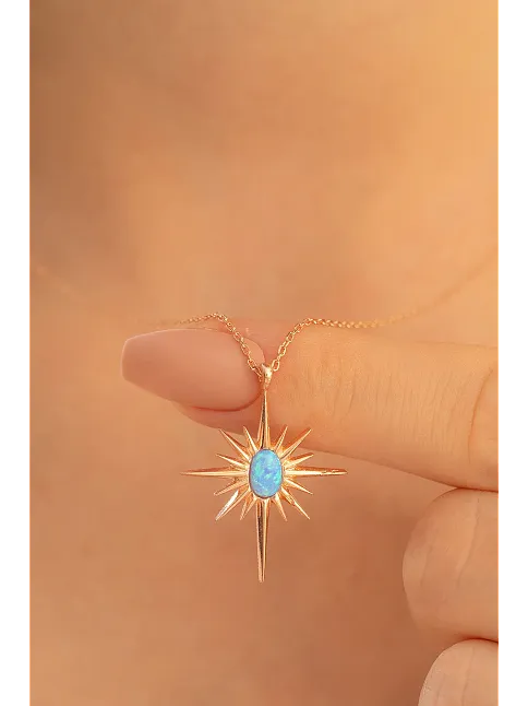 Kadın Gümüş Kolye - Rose Altın Kaplama Renk Mavi Opal Taşlı Kutup Yıldızı Gümüş Kolye