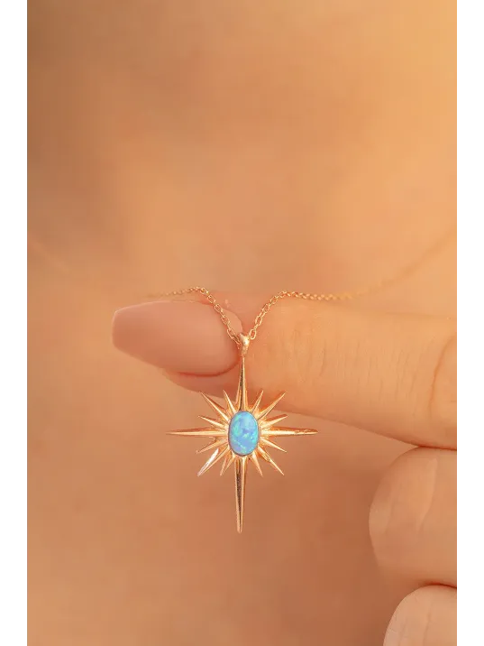 Kadın Gümüş Kolye - Rose Altın Kaplama Renk Mavi Opal Taşlı Kutup Yıldızı Gümüş Kolye Kadın Gümüş Kolye - Rose Altın Kaplama Renk Mavi Opal Taşlı Kutup Yıldızı Gümüş Kolye