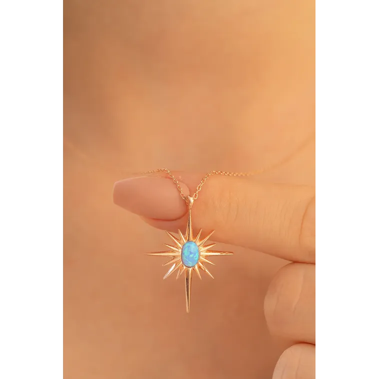 Kadın Gümüş Kolye - Rose Altın Kaplama Renk Mavi Opal Taşlı Kutup Yıldızı Gümüş Kolye Kadın Gümüş Kolye - Rose Altın Kaplama Renk Mavi Opal Taşlı Kutup Yıldızı Gümüş Kolye