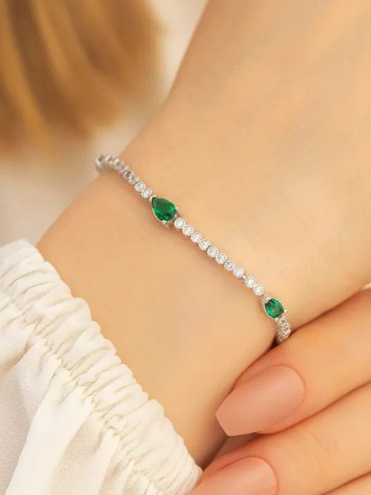 Lena Zümrüt Taşlı Su Yolu Bayan Gümüş Bileklik