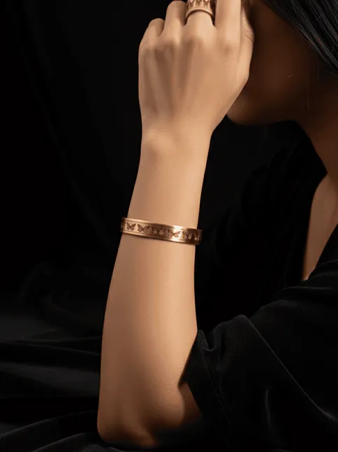 Kadın Bakır Bileklik Yüzük Set - Zodia Model Özel Baskı Metal Kutu Ve Kuvars Taşı