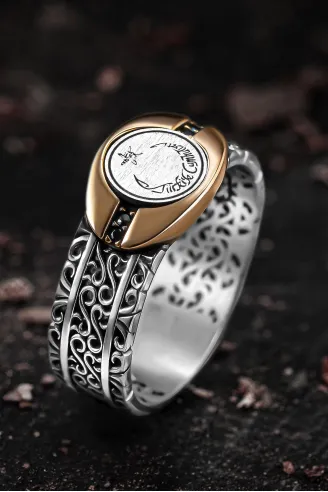 Erkek Gümüş Yüzük - Sarmal Model Zirkon Taşlı Ay Yıldız İşlemeli Erkek Yüzük