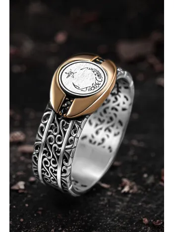 Erkek Gümüş Yüzük - Sarmal Model Zirkon Taşlı Ay Yıldız İşlemeli Erkek Yüzük