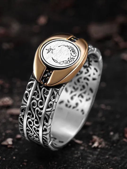 Erkek Gümüş Yüzük - Sarmal Model Zirkon Taşlı Ay Yıldız İşlemeli Erkek Yüzük