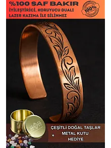 Kadın Bakır Bileklik - Yaprak Model Kadın Bakır Kelepçe Bilezik Metal Kutu ve Doğal Taşlar