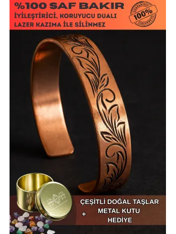 Kadın Bakır Bileklik - Yaprak Model Kadın Bakır Kelepçe Bilezik Metal Kutu ve Doğal Taşlar