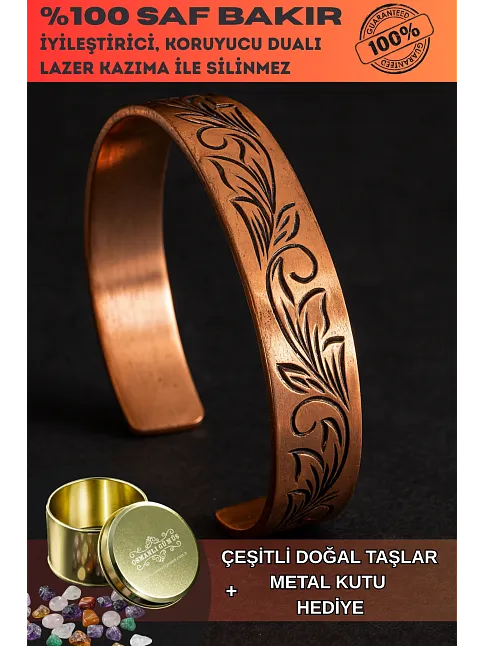 Kadın Bakır Bileklik - Yaprak Model Kadın Bakır Kelepçe Bilezik Metal Kutu ve Doğal Taşlar