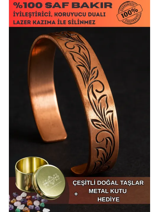 Kadın Bakır Bileklik - Yaprak Model Kadın Bakır Kelepçe Bilezik Metal Kutu ve Doğal Taşlar