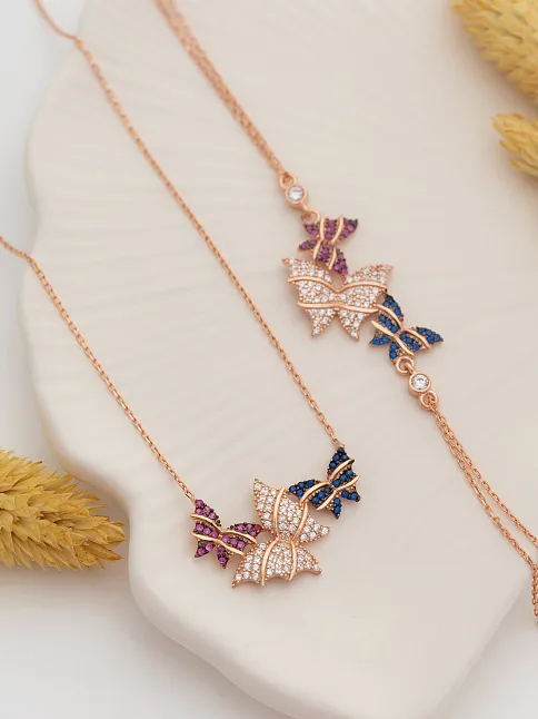 Kadın Gümüş Kolye Bileklik Set - Rose Kelebek Model Gümüş Kolye Bileklik Set