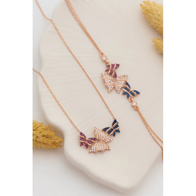 Kadın Gümüş Kolye Bileklik Set - Rose Kelebek Model Gümüş Kolye Bileklik Set Kadın Gümüş Kolye Bileklik Set - Rose Kelebek Model Gümüş Kolye Bileklik Set