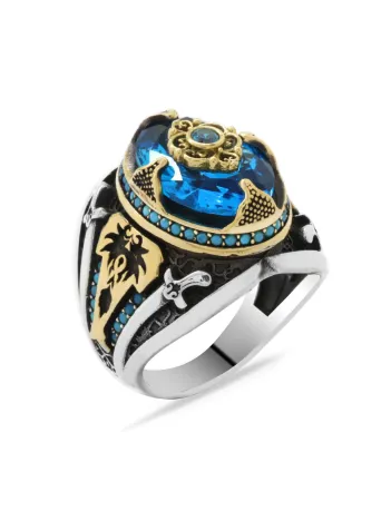 Erkek Gümüş Yüzük - Ay Yıldız İşlemeli Aqua Marin Taşlı 925 Ayar Gümüş Erkek Yüzük