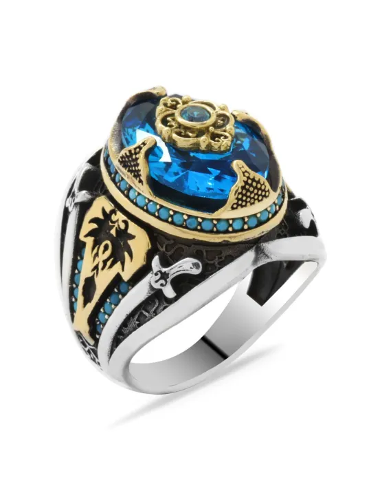 Erkek Gümüş Yüzük - Ay Yıldız İşlemeli Aqua Marin Taşlı 925 Ayar Gümüş Erkek Yüzük