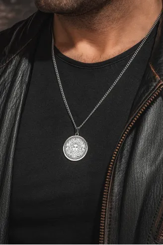 Steel Aether Çelik Kadın Kolye Yunan Tanrısı Medusa İşlemeli Yuvarlak Plaka Kararmaz