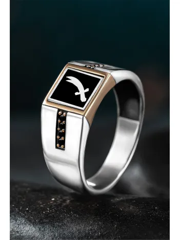 Erkek Gümüş Yüzük - Zülfikar Kılıcı İşlemeli Zirkon Taşlı Erkek Yüzük