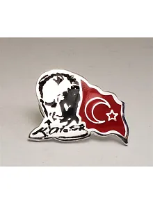 Atatürk İmzalı Siluetli Ve Bayraklı Gümüş Rozet Yaka İğnesi Mineli Model