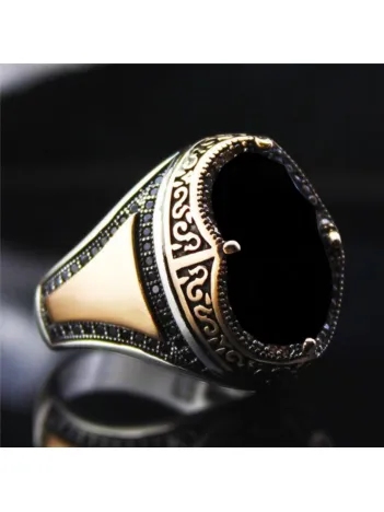 Siyah Taşlı Mistik Topaz Mikrotaş İşlemeli Özel Seri Erkek Gümüş Yüzük