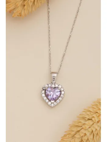 Kadın Gümüş Kolye - Kalp Model Ametist Taşlı Zirkon Süslemeli Rodyumlu Kadın Kolye